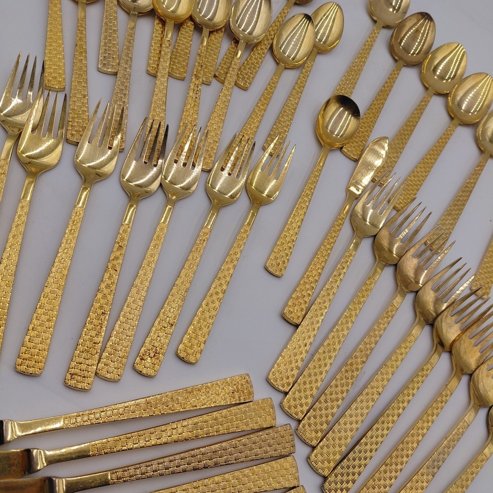 Stanley Roberts Inc. Gold Flatware Stainless Japan Golden Basket Weave 47 Pcs